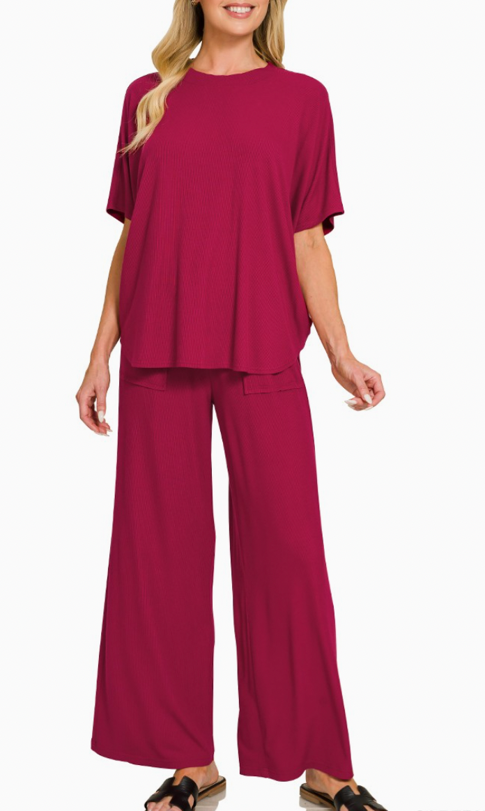 zenana cabernet ribbed pant set