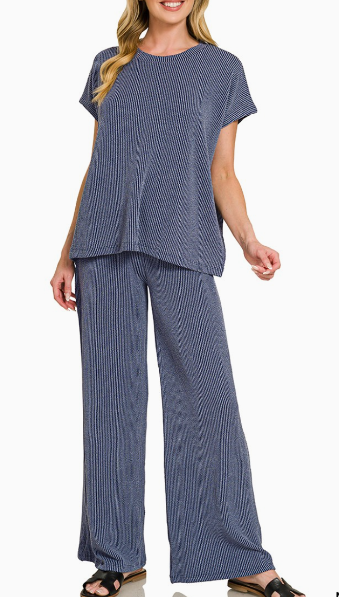 ZENANA navy raised rib pant set